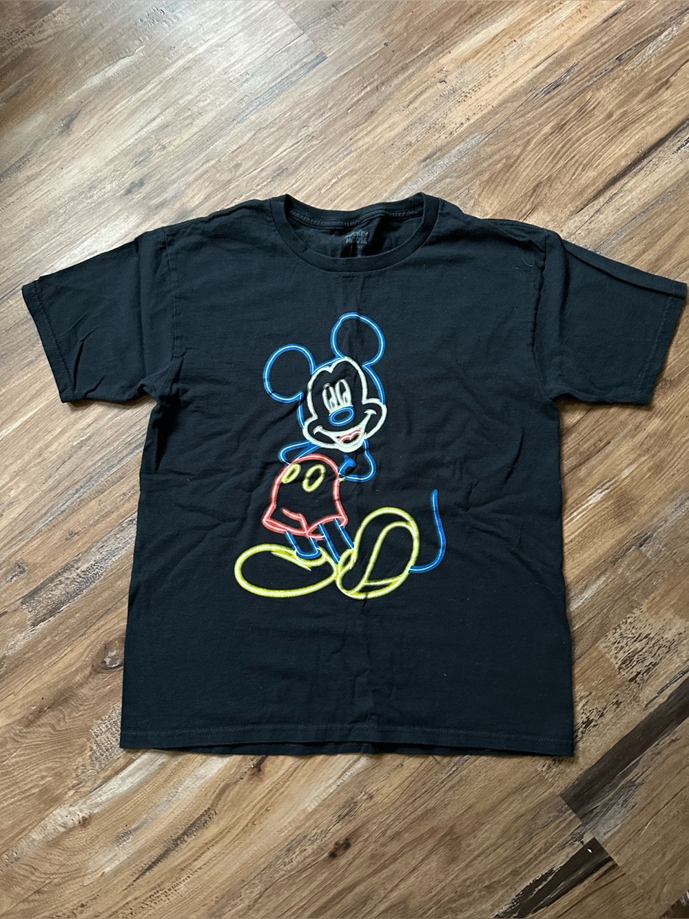 Kids Black Neon Outline Mickey Mouse Short Sleeve Tee